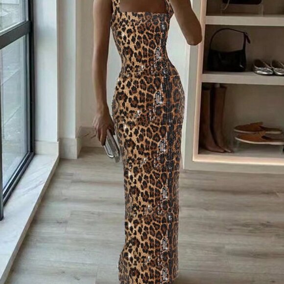 Brown Preppy Women's Metallic Sequin Square Neck Sleeveless Dress - Picture 1 of 7